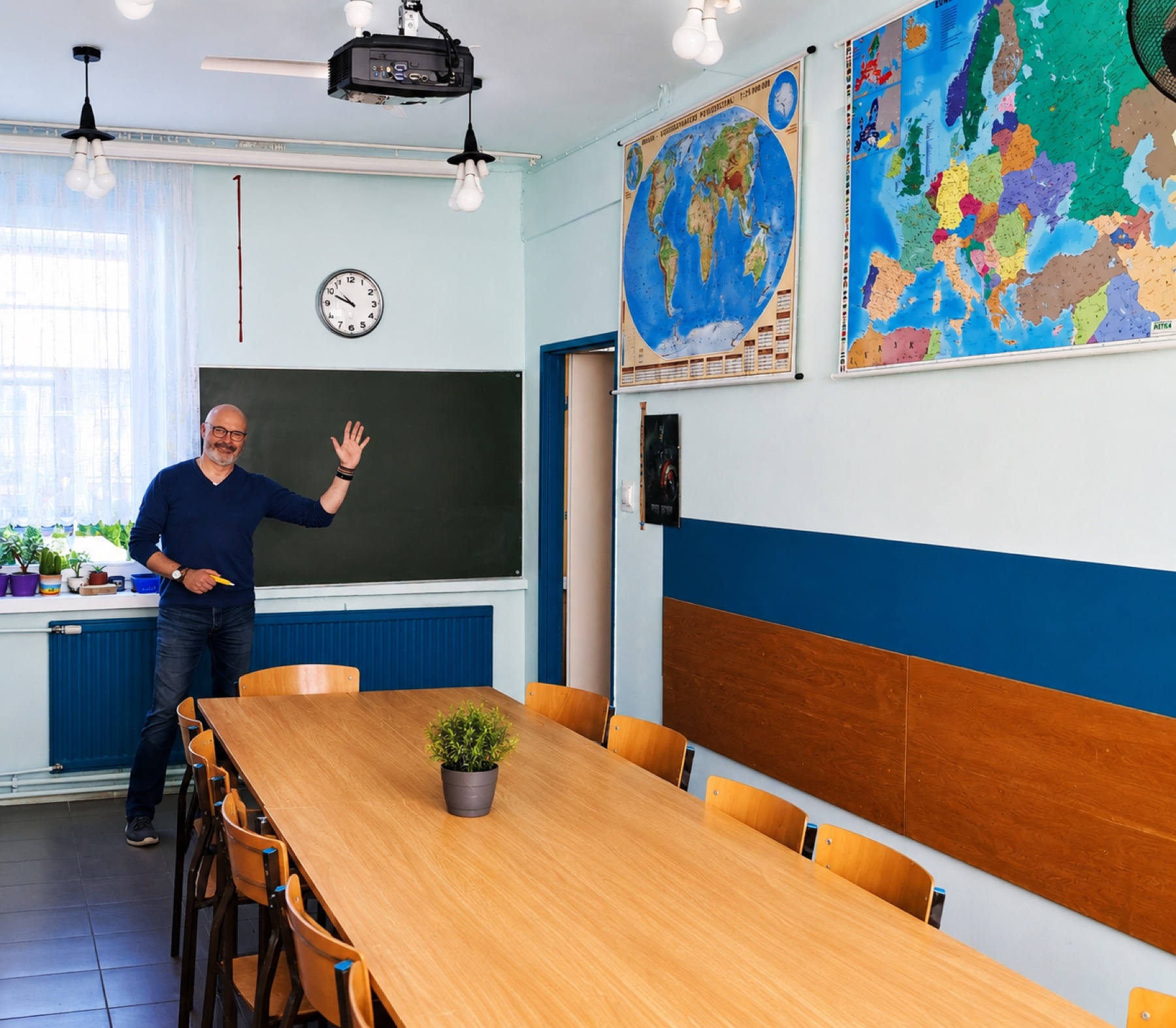 Sala Britannica z tablicą, mapami i stołami do nauki języka angielskiego